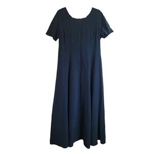J. Peterman Navy Blue 100% Silk A-Line Short Sleeve Modest Maxi Dress‎ Size 10